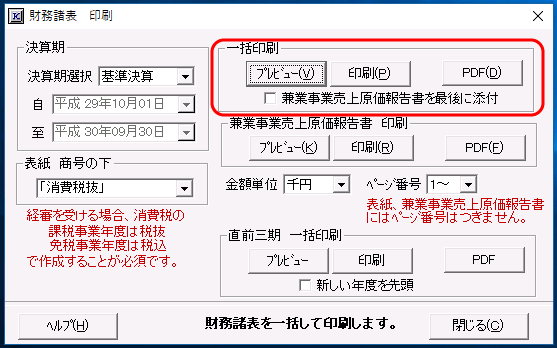 「財務諸表　印刷」画面