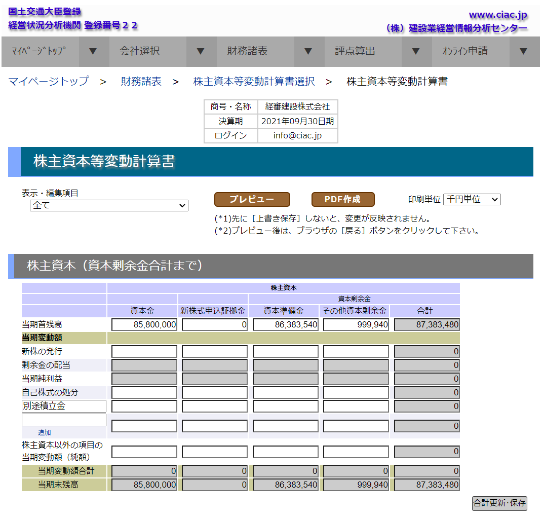 「株主資本等変動計算書　編集」画面