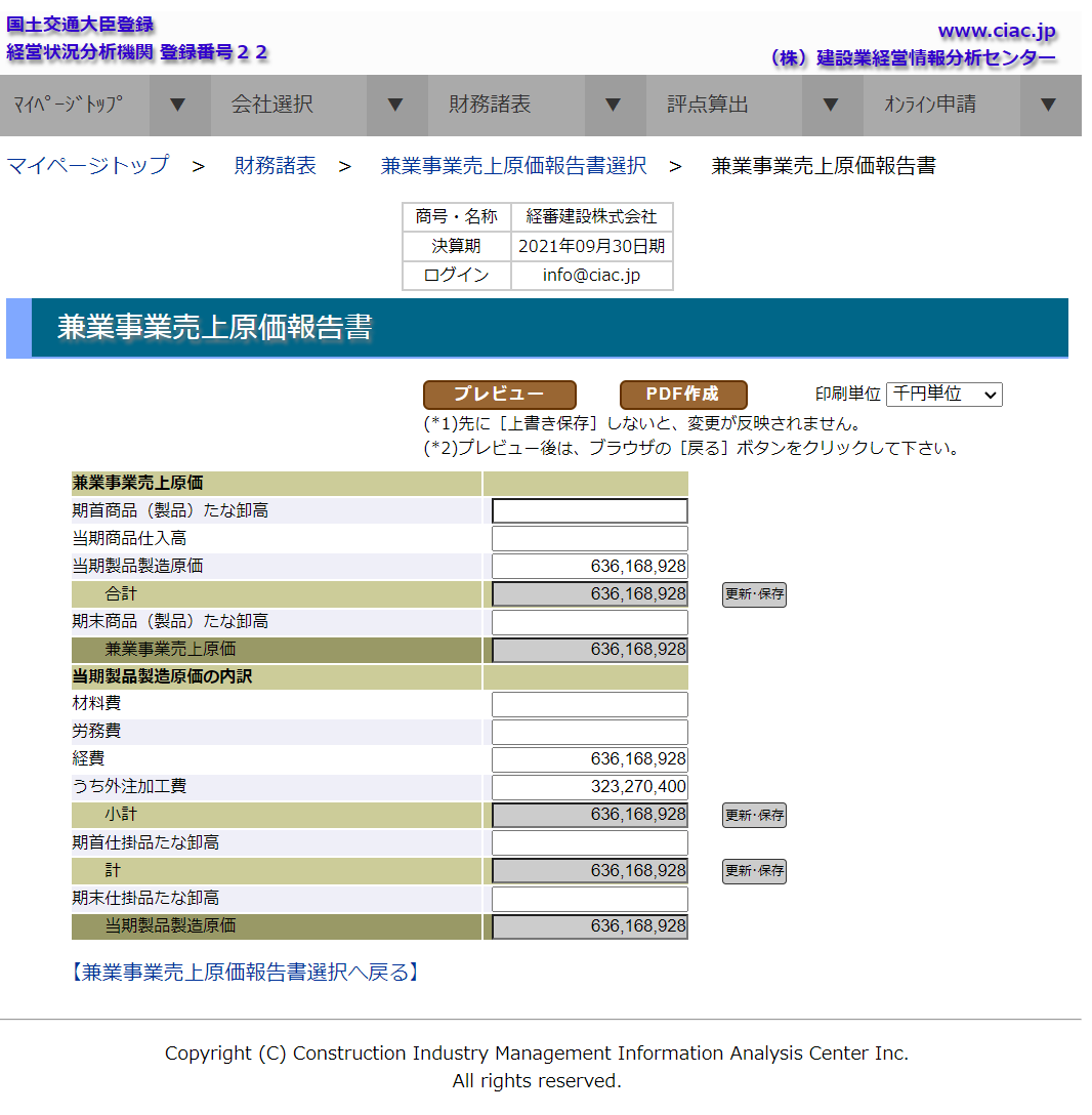 「兼業事業売上原価報告書　編集」画面