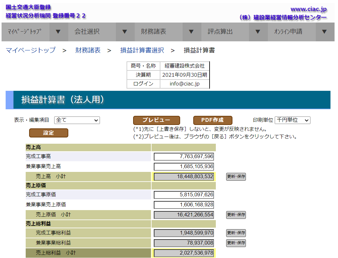 「損益計算書　編集」画面