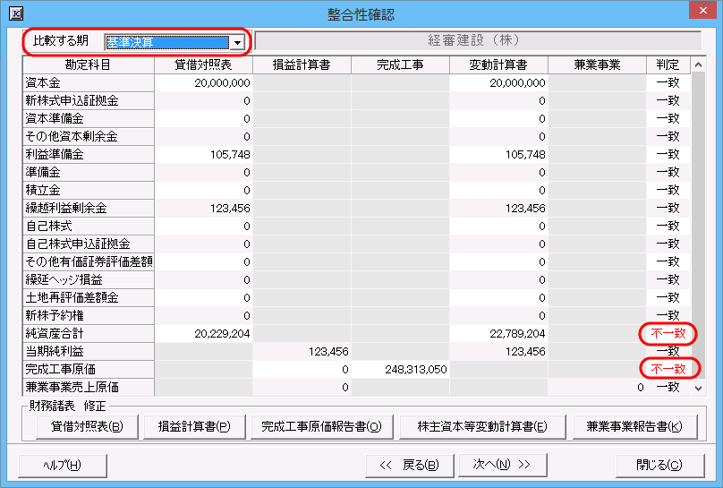 「財務諸表－整合性確認」画面